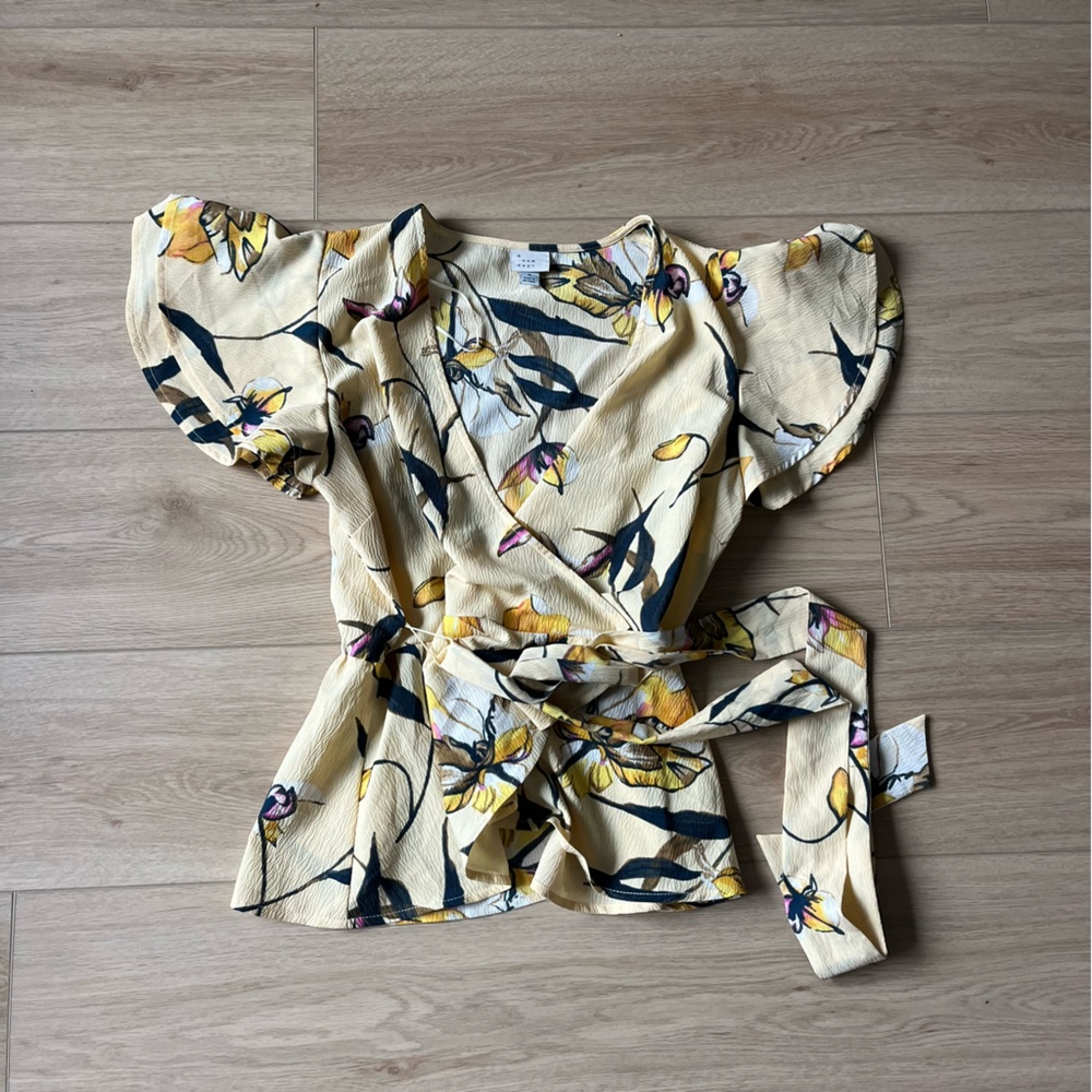 A New Day Floral Yellow Wrap Top